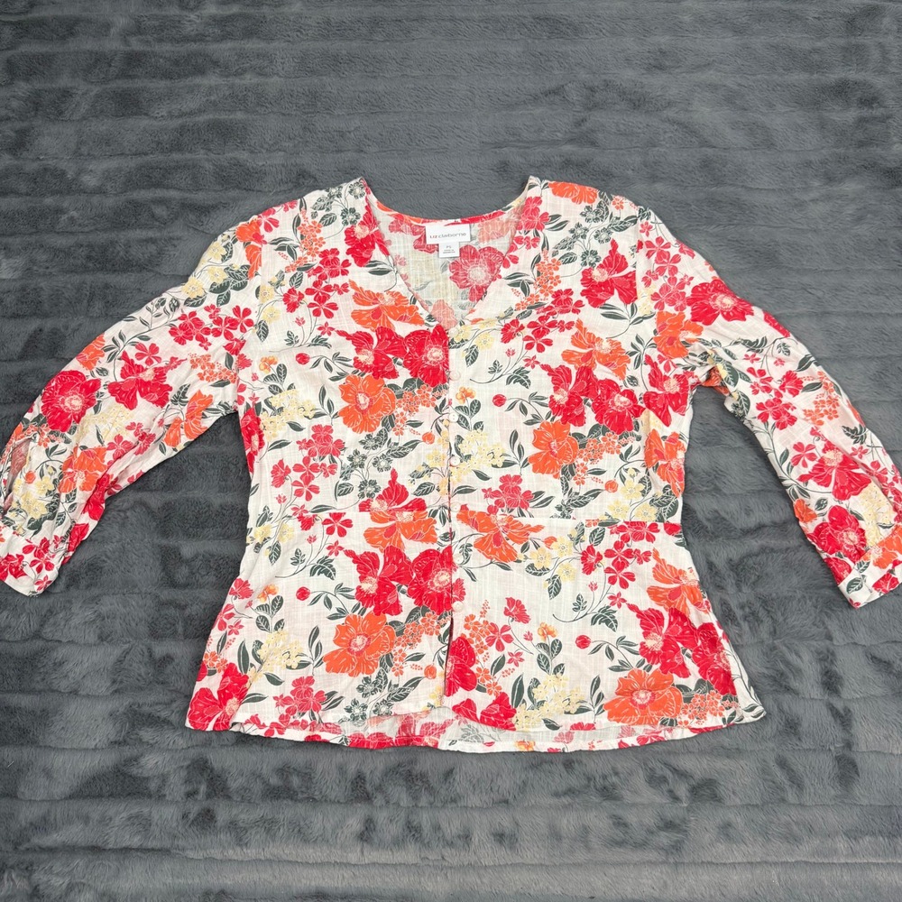 Liz Claiborne Womens Red Floral Button Front Blouse Top PS Petite Small 13158